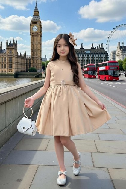 Girl's Back-Tie Halter Neck Diamond Stone Detailed Sleeveless Beige Dress