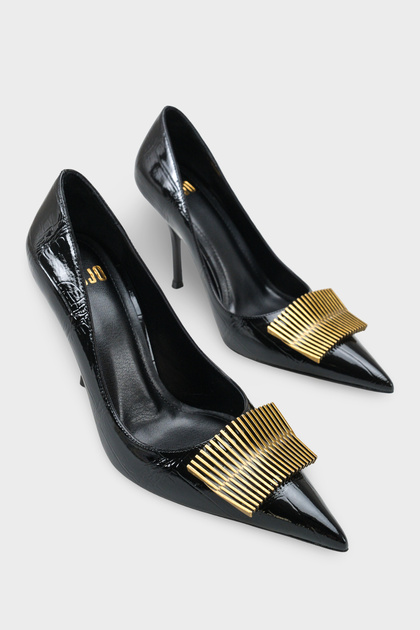 Women's Stiletto Pointed Toe Gold Buckle Detailed Daily Heeled Shoes Corso Black Croco