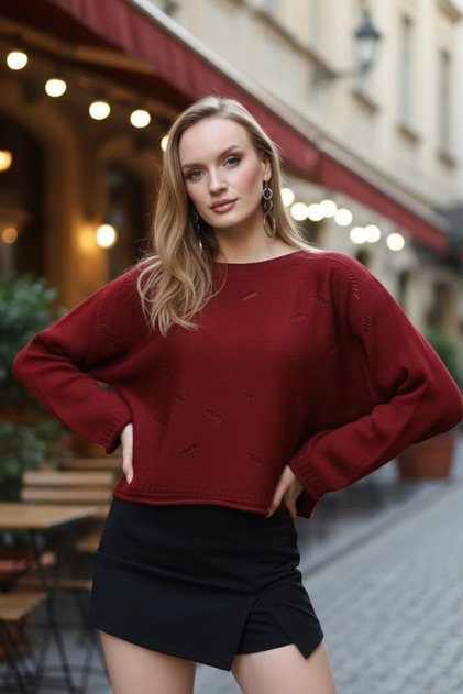 Women's Burgundy Openwork Patterned Model Knitwear Sweater
