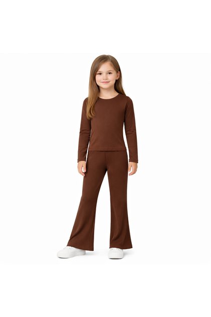 Girl's Brown Modal Fabric Long Sleeve Double Set