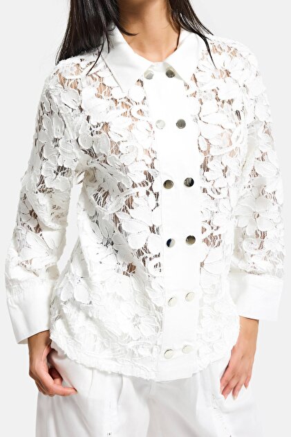 Women's White 7S6-2 Oversize Lace Embroidery Floral Detailed Special Design Denim Jacket