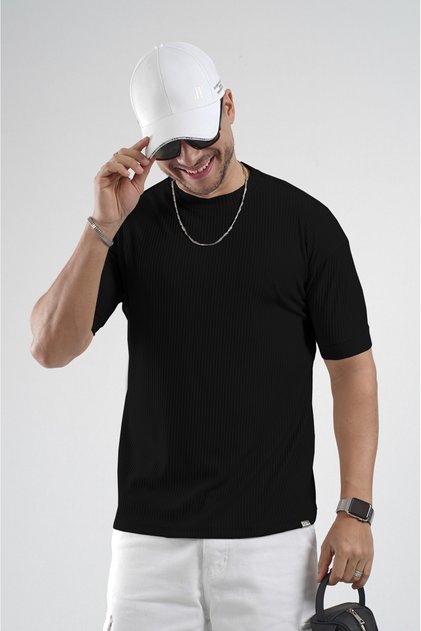 Tricou pentru bărbați, cu decolteu rotund, din material ribbit, semi-oversize