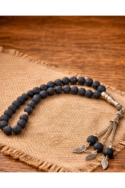 Lava Stone Prayer Beads Set of 33 – Matte Black Volcanic Natural Stone, Stylish Design Men's Prayer Beads with Metal Tassels