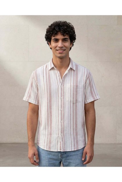Men White And Red Striped Short Sleeve Dobby Shirt