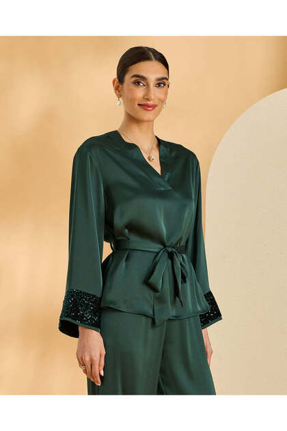 Women's Green Satin Belted Tunic with Sequinned Cuffs