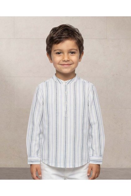 Boys White Striped Mandarin Collar Shirt