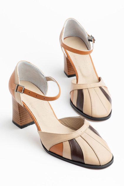 Women's Beige Genuine Leather Classic Heeled Shoes