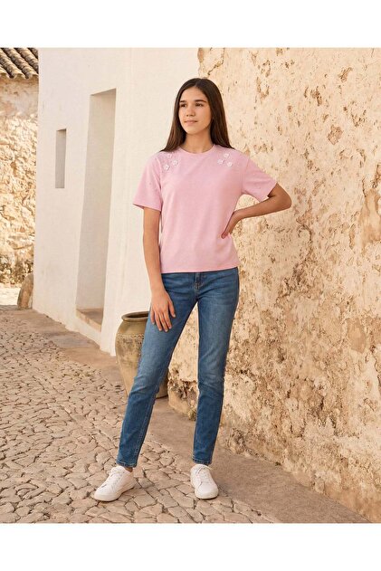 Senior Girls Pink Embellished Short Sleeve Top
