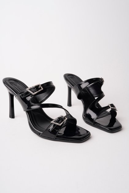 Women's Stone Detailed Double-Strapped 9 cm Thin Heeled Slippers – Stylish and Elegant Design