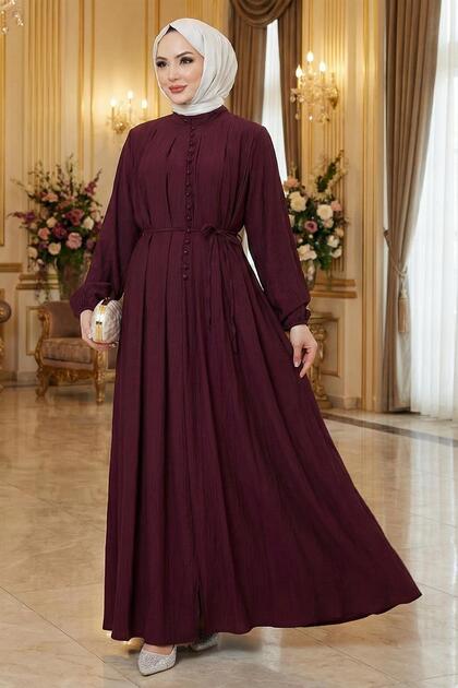 Esila Lace-Up Brit Detail Hijab Dress Burgundy HM2884