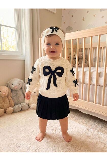 Baby Girl Knitwear Set with Bow, Skirt and Bandana, 3-Piece Festive Stylish Set Yk1838Gns