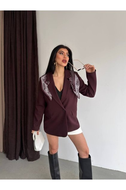 Kadın Mürdüm Şal Detaylı Astarlı Blazer