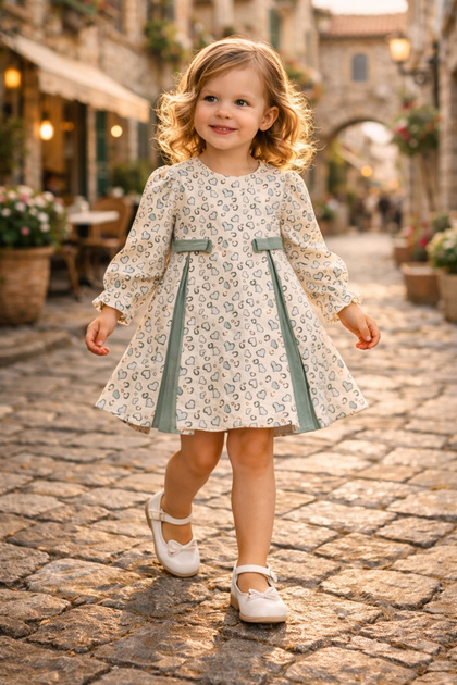 Baby Girl-Child Minimal Heart Patterned Front Pleated Green Dress 6-18 Months