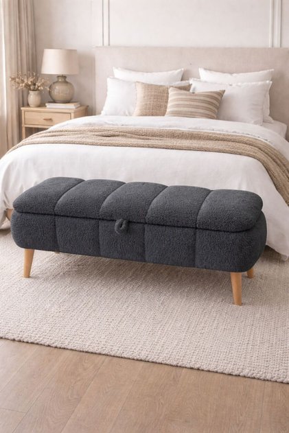 Sara Sandıklı Puf Bench, Teddy Kumaş Kaplamalı Ahşap Ayaklı Modern Bench Puf