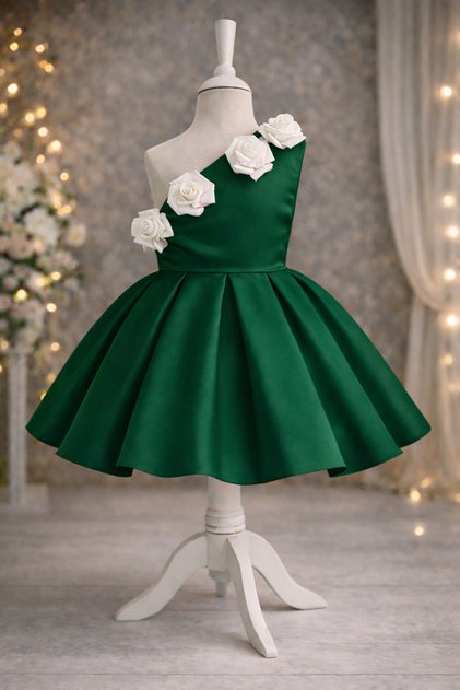 Special Design Rosalia Model Emerald Green Color Sleeveless Rose Accessory Detailed Girls' Evening Dress
