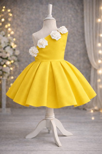 Special Design Rosalia Model Yellow Color Sleeveless Rose Accessory Detailed Girls' Evening Dress