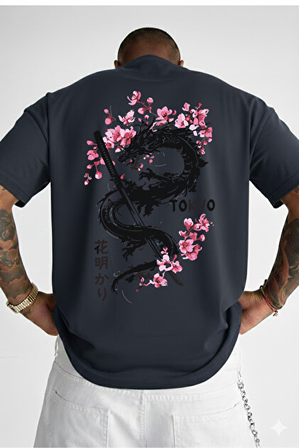 VEK Oversize Japon Ejderha Sakura Baskılı Tişört – Premium %100