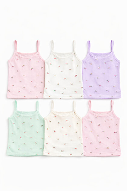 Girls' Strappy Undershirt Set of 6 (Ages 3-12) Floral Patterned Cotton, Organic Touch Underwear 6 Pieces