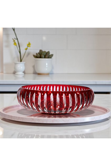 28 cm Hand-Cut Colored Crystal Glass Bowl - Handcrafted Decorative Serving Dish