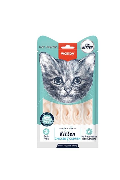 It is a creamy treat for kittens with a chicken and cod flavor, 5 sachets.