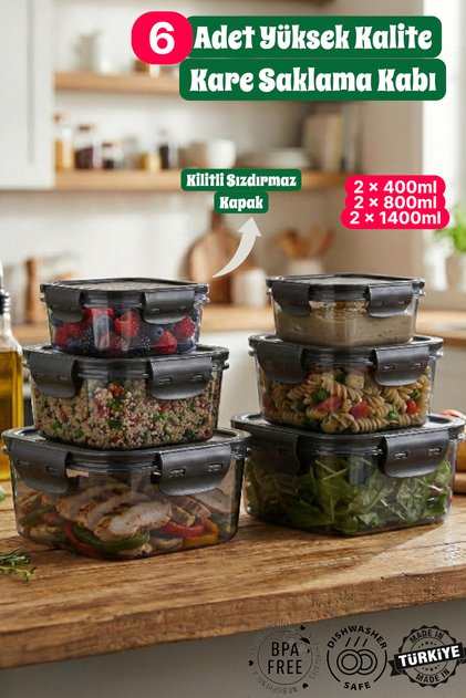 Qlux Ideas Set of 6 Black Transparent Storage Containers - Vacuum Air-Proof Food and Organizer Set