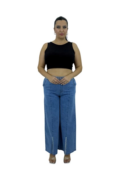 Plus Size Denim Women's Trousers with Stone Detail and Wide Leg Detail
