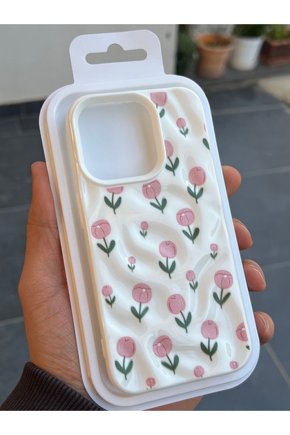 Iphne 15 Pro Max Compatible - Wavy Crinkle Pattern Cover with Floral, Cherry, Bow, and Tulip Print Case—