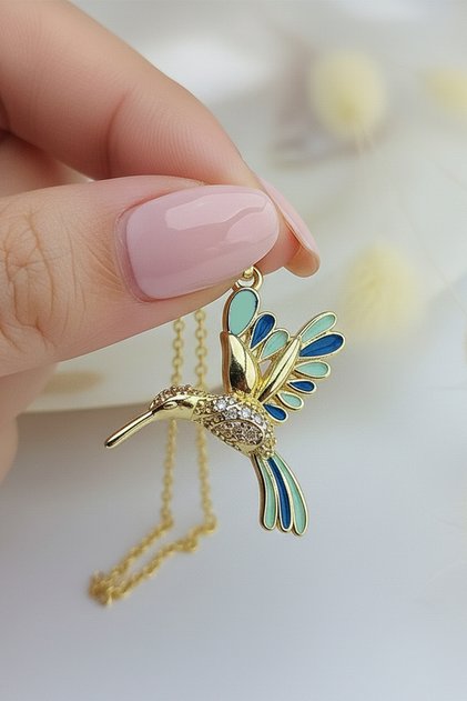 14 Ayar Altın Kaplama Mavi Mineli Arı Kuşu Kolye