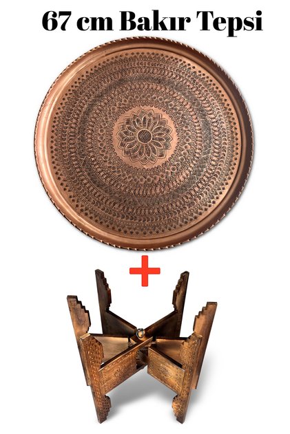 67 cm Hand-Embroidered Authentic Patterned Thick Urfa Copper Tray + Foldable Coffee Table - Copper-Tps538