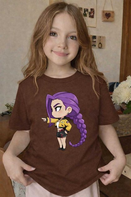 Purple-Haired Braided Girl Printed Brown Kids T-Shirt