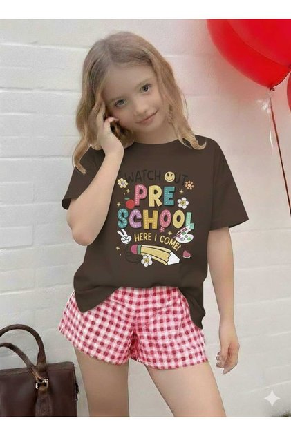 School Printed Brown Kids T-Shirt