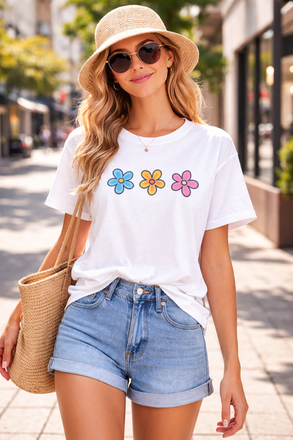 Colorful Daisies Printed Cotton Relaxed Fit Round Neck Unisex T-Shirt