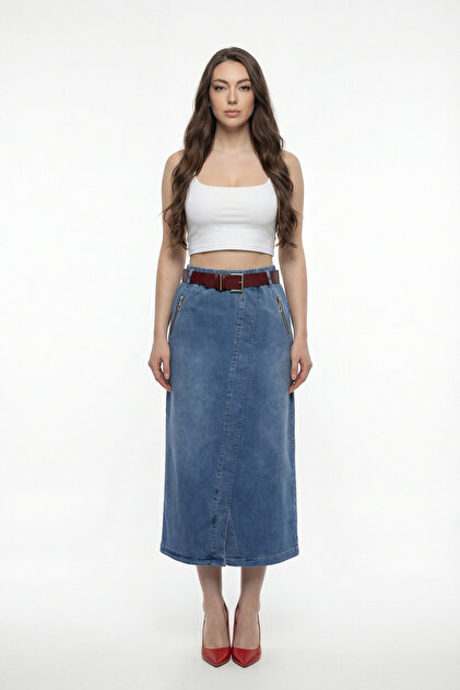 Women's Navy Blue Seasonal Elastic Waist Belted Zippered Special Design Pencil Skirt