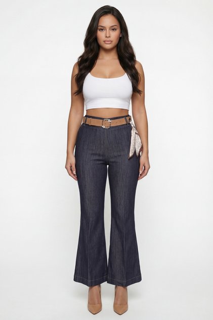 Women's Navy Blue Seasonal Elastic Waist Belted Spanish Flare Denim Trousers with Accessories