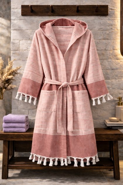 100% Cotton Woven Hooded Unisex Peshtemal Pique Bathrobe with Pockets Ultra Soft (M/L/Xl) Size