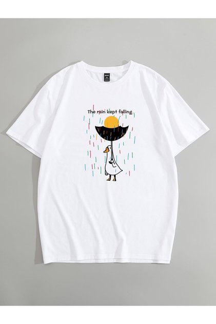 Duck Printed White Oversize Unisex T-Shirt Basic Comfortable Fit Daily Tshirt