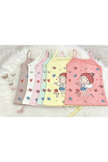 Girls' Rope Strap Tank Tops with Printed Design, Economic Pack of 6