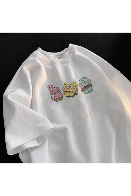 Sponge Bob Printed White Oversize Unisex T-Shirt Basic Comfortable Fit Daily Tshirt