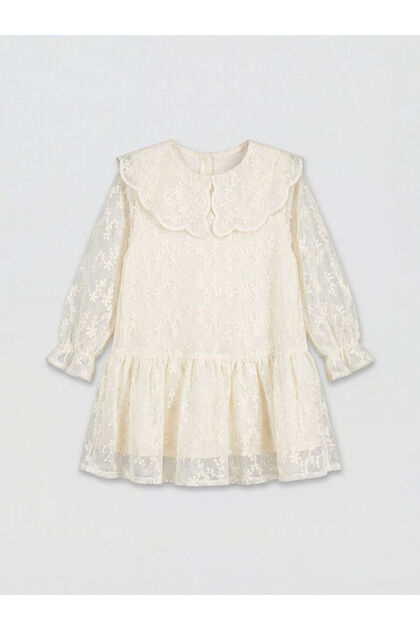 Ecru Baby Collar Floral Girl's Lace Dress