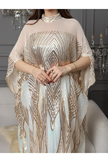 Nice Model Modest White And Gold Sequined Tulle Maxi Gowns For Women  Elegant Formal Reception Attire Wears- Trendyol