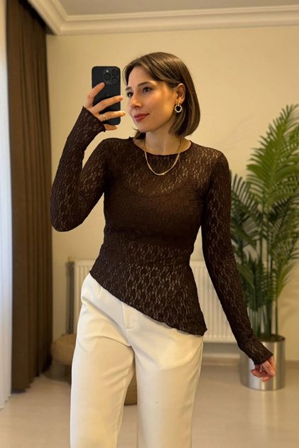 Lace Asymmetrical Long Sleeve Coffee Blouse