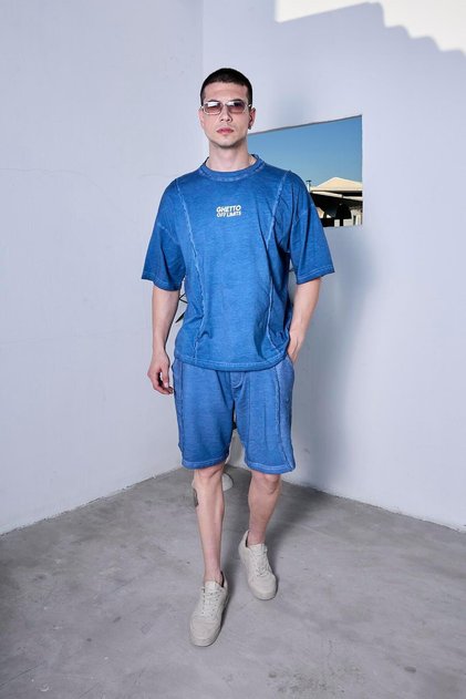 Oil Washed Reversible Blue T-Shirt