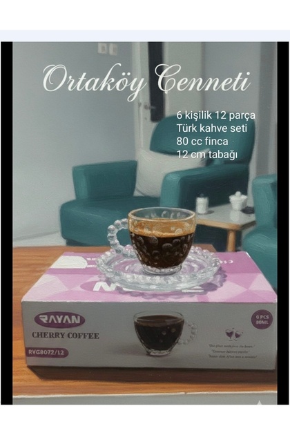 Turkish Coffee Cup Glass 6 Person 12 Prç.Cherry Coffee 80 Cc Volume 12 cm Dish Height Stylish Design
