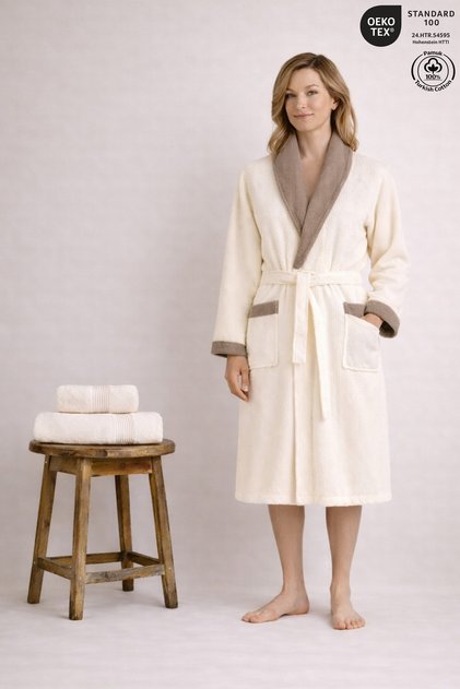Women's Robe Set 100% Cotton Certified 3-Piece Contrast Striped Shawl Collar Robe and Towel Set - Cream