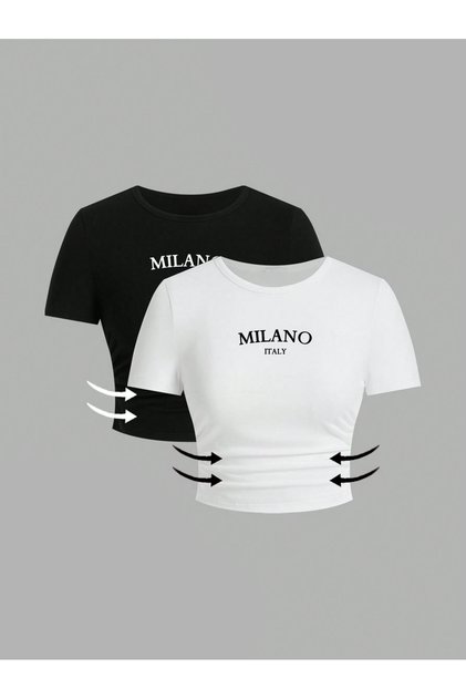 Women's Milano Printed Basic Daily Use Slim Fit T-Shirt Double Set
