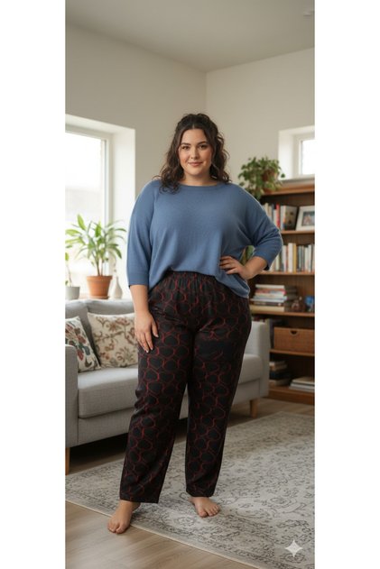 3XL Büyük Beden Kırmızı Kontürlü Kalp Desenli Rahat Kesim Pijama Altı