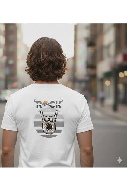 Men's Oversize Black Printed T-Shirt with Rock Pattern, Crew Neck, Casual