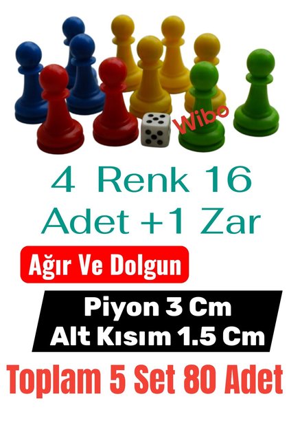 Plastic Game Pieces 4 Colors 16 Pieces +1 Dice (5 Sets Total 80 Pieces)