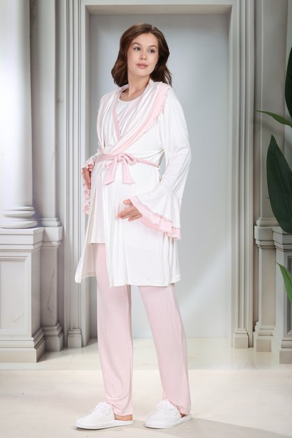 New Season Powder Shawl Collar Flounce Summer Short Sleeve Special Design Maternity Dressing Gown Pajama Set