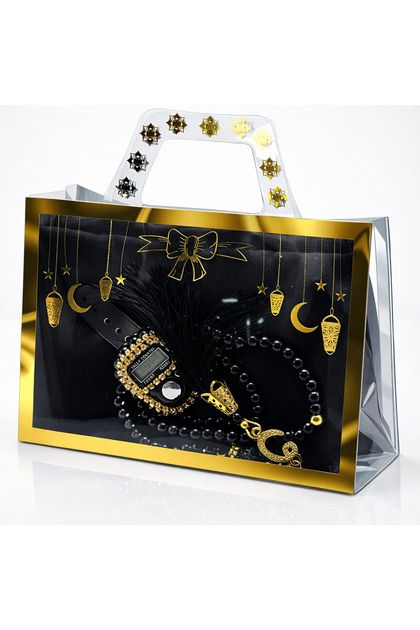 Transparent Gift Set with Bag – Flared Scarf, Stone Zikirmatik, Pearl Prayer Beads - Special for Ramadan